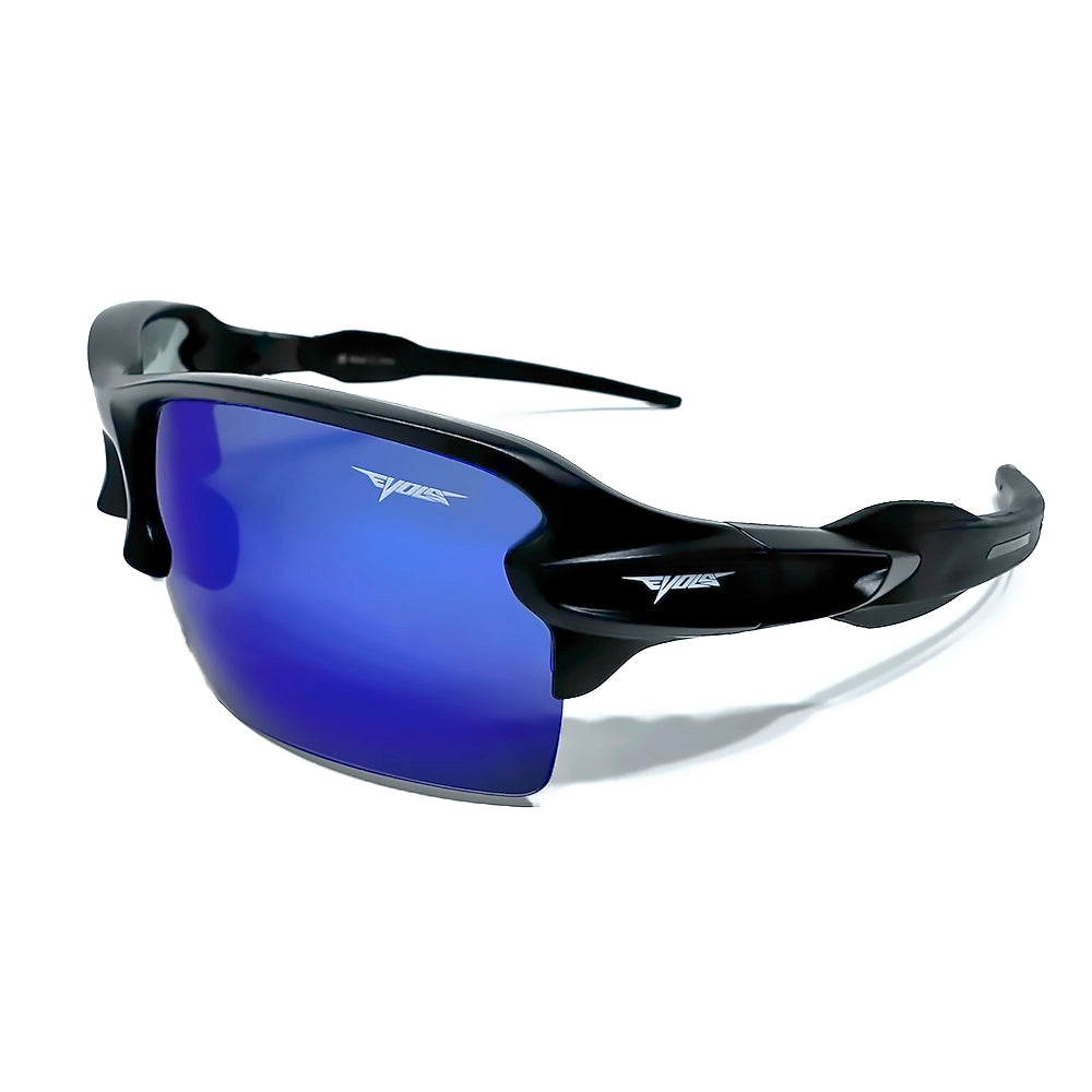 Óculos de sol Vesper Black/Blue Evols com armação esportiva preta e lentes espelhadas azuis