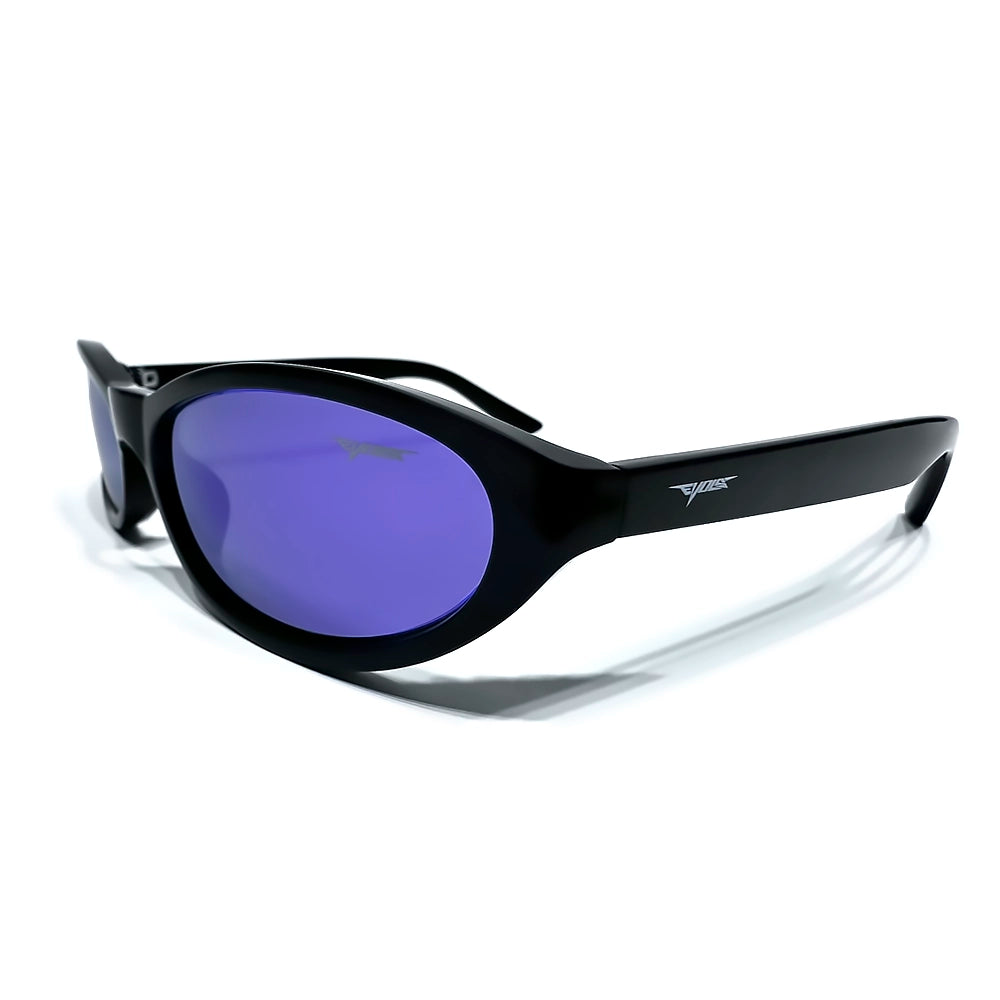 Óculos de sol Y2K Anima Black/Purple Evols com armação slim fluida preta e lentes roxas